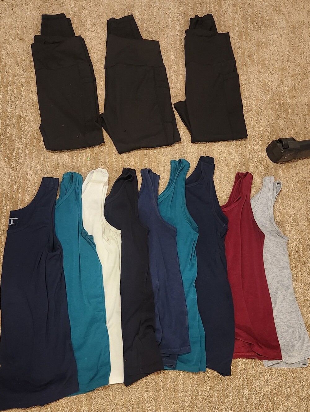 3 Black Stretchy Pants & 9 Amazon Essential Tank Top Bundle